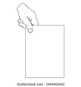 Hand is holding a blank sheet of paper icon. Vector illustration of a man's hand holding blank paper. Hand drawn blank paper in hand.