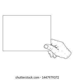 Hand is holding a blank sheet of paper icon. Vector illustration of a man's hand holding blank paper. Hand drawn blank paper in hand.