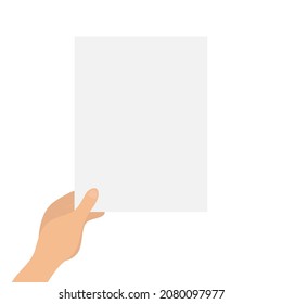 Mano sosteniendo una hoja en blanco de papel, burlándose de la plantilla vacía. Coloca tu inscripción. Ilustración plana del vector