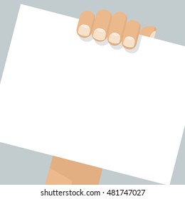 Hand holding blank sheet of paper. Template, empty sheet for ad, warning. Place for text. Announcement, attention concept. Poster in hand isolated on background. Vector illustration flat design.