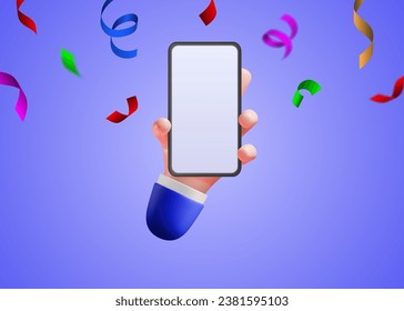 Mano sosteniendo la burla en blanco de un smartphone contra un fondo confetti. Concepto de ganar, vacaciones, regalo. Ilustración vectorial 3D.