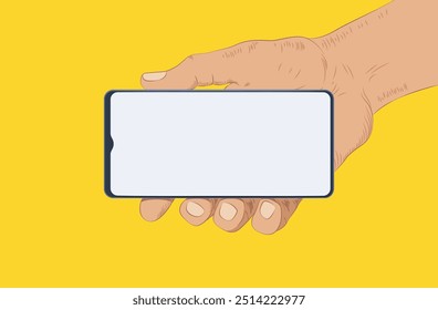 Hand holding blank smartphone screen on yellow background. Isolated mobile device mockup. Vector illustration.