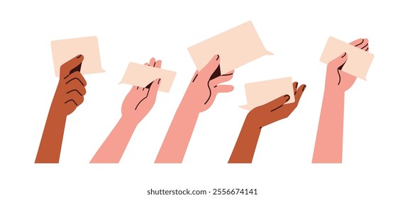 Hand holding blank speech bubble for message. Giving feedback, sharing opinion and response. Communication paper cards for dialog, conversation. Flat vector illustration isolated on white background