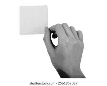 Hand holding a blank sticky note or memo. Retro, vintage halftone and dotted texture, symbolizing an adhesive note for notifications or information. Vector illustration isolated on