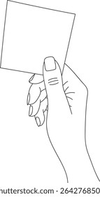 Hand holding blank sticky note line art vector illustration