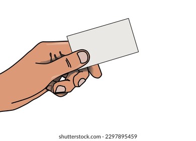 A hand holding a blank white business card on a white background.