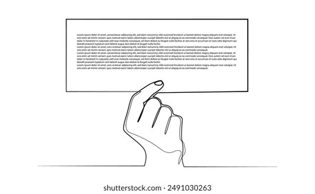 hand holding blank white paper.business advertising design template one line vector drawing with editable text.single line vector illustration.minimalist line business background