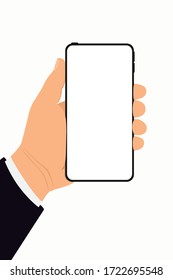 Hand holding a blank white screen smart phone over a white background. Vector illustration.