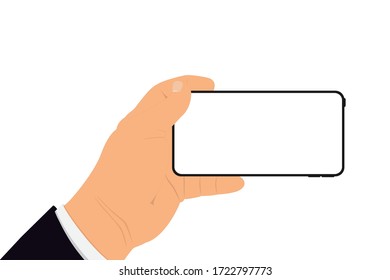 Hand holding a blank white screen smart phone over a white background. Vector illustration.