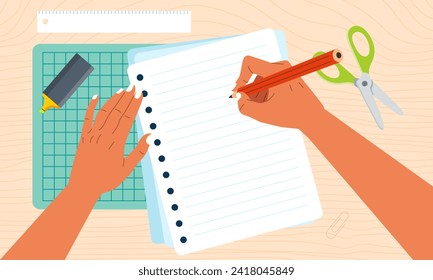 Hand holding blank white sheet paper and pencil Drawing or writing on stationery desk vector illustration flat