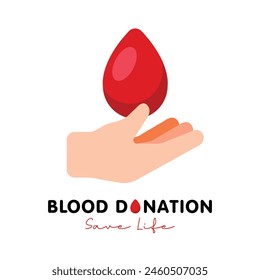 Mano sosteniendo Ilustración vectorial de gota de sangre. Concepto médico de donación de sangre. Guardar Vida, Día Mundial del Donante de Sangre 14 de junio.