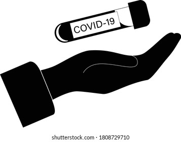 Hand Holding Up A Blood Sample In A Test Tube Vile Marked With COVID-19 Or Coronavirus, Testing For Illness During The 2020 Pandemic, Vector Illustration Isolated On White Background, Icon 