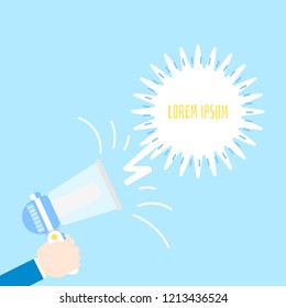 hand holding blue announcement megaphone speech bubble balloon think,speak,talk,template,flat,design,vector,illustration text box frame promotion price sale discount sign special advertisement shop