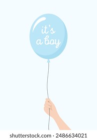 A hand holding a blue balloon with the handwritten text it's a boy, on a pale blue background. Flat vector illustration