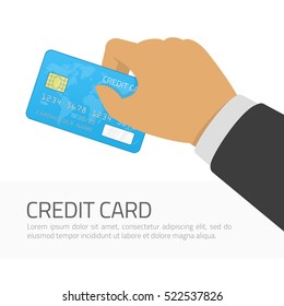 Hand holding blue credit card whit global map. Modern vector illustration in flat design style. Payment, withdraw money, purchase, financial transaction concepts. Isolated on white background.