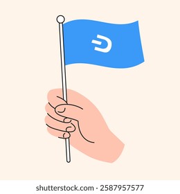 Hand Holding Blue Dash Flag Representing Cryptocurrency and Blockchain Support, DASH Token Symbol Vector