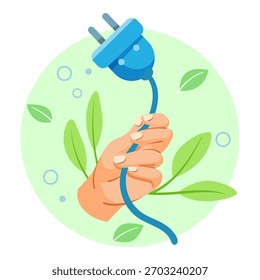 Una mano sosteniendo un enchufe eléctrico azul con hojas verdes y burbujas alrededor, sobre un fondo circular verde claro. Concepto de energía ecológica. Ilustración vectorial