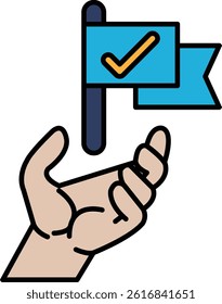 A hand holding a blue flag with a yellow check mark. The flag is a symbol of success and achievement