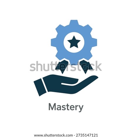 Hand holding a blue gear with a star in the center symbolizing mastery and achievement