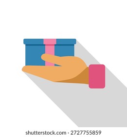 Mano que sostiene una caja de regalo azul con la cinta rosada, icono perfecto para representar dar o recibir regalos