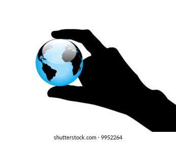 Hand holding blue interface orb with a world map - vector illustration
