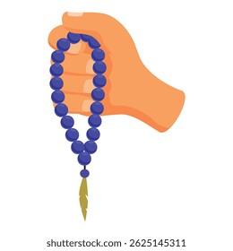 Mão segurando contas de oração islâmica azul com uma borla de pena, representando a fé e a espiritualidade