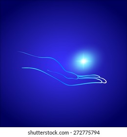 Hand holding blue light. Abstract vector illustration
