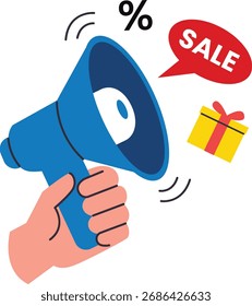 Hand holding a blue megaphone announcing a sale with a percentage symbol and a gift box.