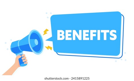 Hand Holding Blue Megaphone with BENEFITS Announcement Bubble Vector Design