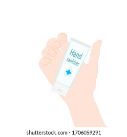 hand is holding the blue packgaging hands sanitizer. hand disinfectant. person hygiene. free hands sanitizer. illustration vector.