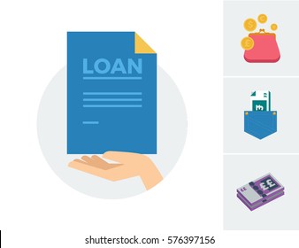 A hand holding a blue piece of paper with the words LOAN with accompanying wallet with coins, bank notes in a jean pocket and a wad of cash vector illustration icons