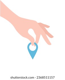 Hand holding blue pin icon isolated on white background. Flat vector illustration