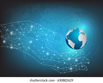 Hand holding blue planet on technology background.vector illustration.