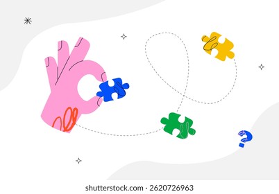 Uma mão segurando uma peça de quebra-cabeça azul, com outras peças coloridas de quebra-cabeça flutuando e um ponto de interrogação abaixo. Conceito para solução de problemas, localização de soluções e busca de respostas.