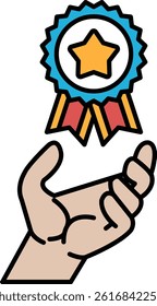 A hand holding a blue ribbon with a star on it. The ribbon is a symbol of achievement or recognition