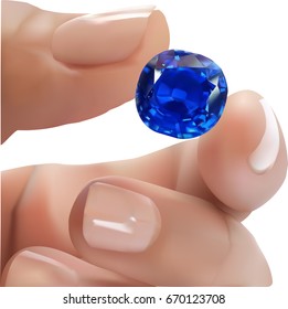 Hand holding blue sapphire jewel. Vector illustration.