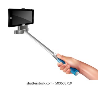 Hand holding blue selfie stick with black phone on white background realistic vector illustration