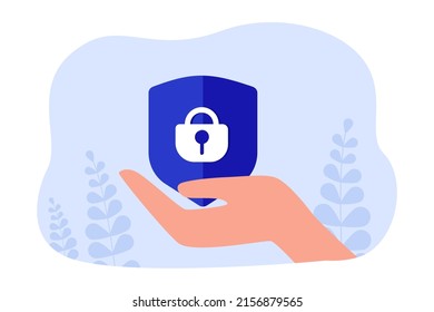 Hand holding blue shield with lock. Protection of personal data or information flat vector illustration. Protection, safety or security concept for banner, website design or landing web page