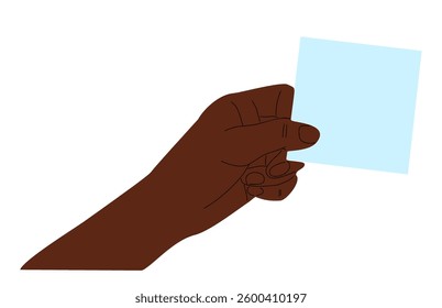 Hand holding blue sticky note, blank peace of paper. Flat vector illustration isolated on white background