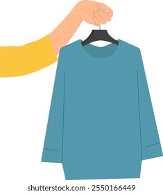 Hand holding blue sweater on a clothes hanger. Vector illustration with transparent background.