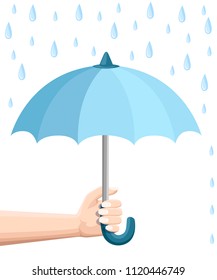Hand holding blue umbrella. Umbrella protection from rain. Flat style design. Vector illustration isolated on white background.
