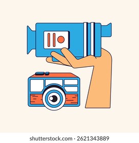 Hand holding a blue video camera above a retro-style orange and blue camera on a light beige cartoon character illustration for photography, videography, and media production