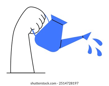 A hand holding a blue watering can with water droplets. Ideal for gardening, nurturing, sustainability, growth, and care. Minimalistic, clean, modern.