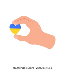 Hand holding blue and yellow  flag in heart shape. No to war in Ukraine. Antiwar concept. Vector illustration