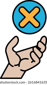 A hand is holding a blue and yellow X. The X is in the air, and the hand is reaching for it. Concept of urgency or importance, as if the X represents something that needs to be addressed or solved