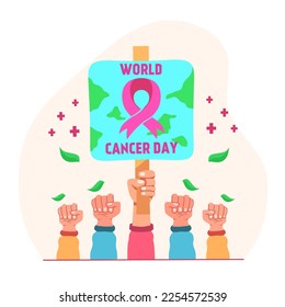 hand holding board illustration,world cancer day,common campaign movement.symbol of support and humanitarian solidarity.pink ribbon banner and poster design.white background