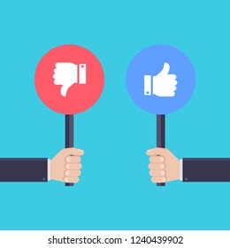 Hand holding board, likes and dislikes icons, social media icons, illustration flat design style