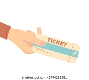 Hand holding boarding pass. Airline travel boarding pass. Vector illustration in flat style isolated on white background.