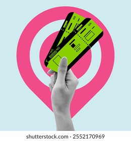 Hand holding boarding pass, airplane tickets. Holiday travel during vacation pop art illustration. Realistic collage vector.