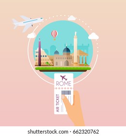 Hand holding boarding pass at airport to Rome. Traveling on airplane, planning a summer vacation, tourism and journey objects and passenger luggage. Flat design modern vector illustration concept.